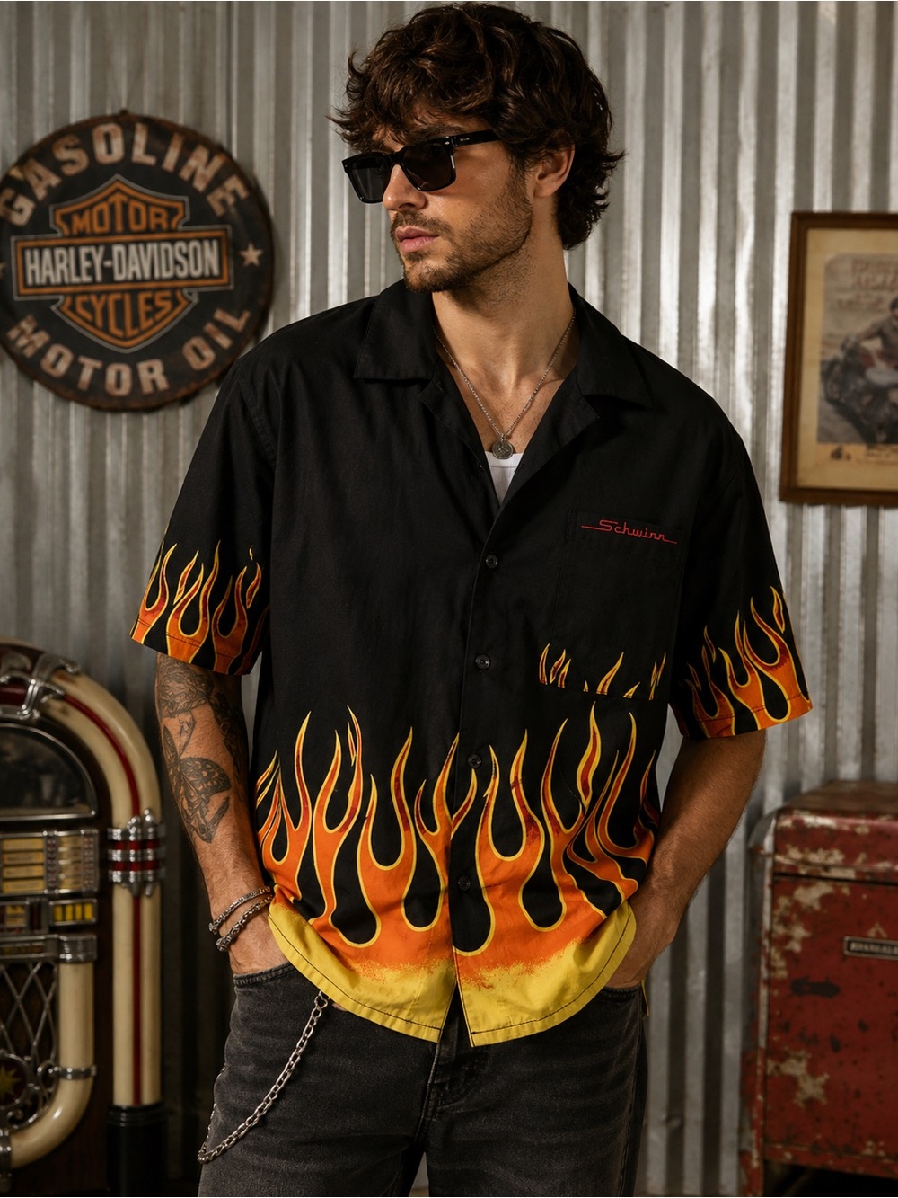 Vintage Collectible Classic Schwinn Button-up Collar Flaming shirt 1990's